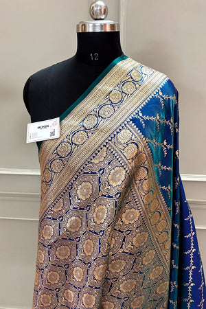 Navy Teal Zari Katan Silk Banarasi Saree