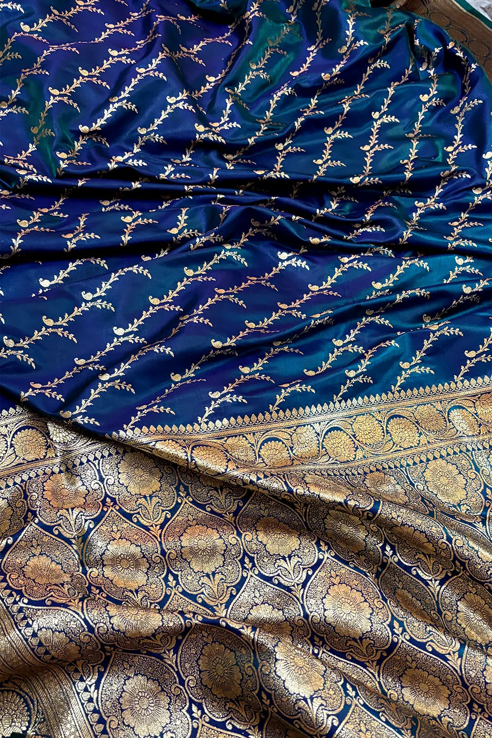 Navy Teal Zari Katan Silk Banarasi Saree