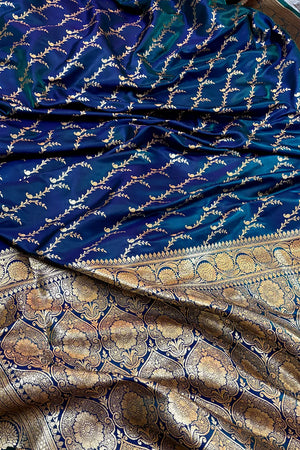 Navy Teal Zari Katan Silk Banarasi Saree