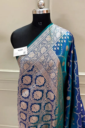 Navy Teal Zari Katan Silk Banarasi Saree
