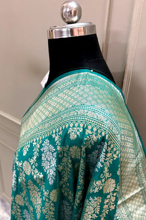 Nita Ambani Teal Katan Silk Banarasi Saree