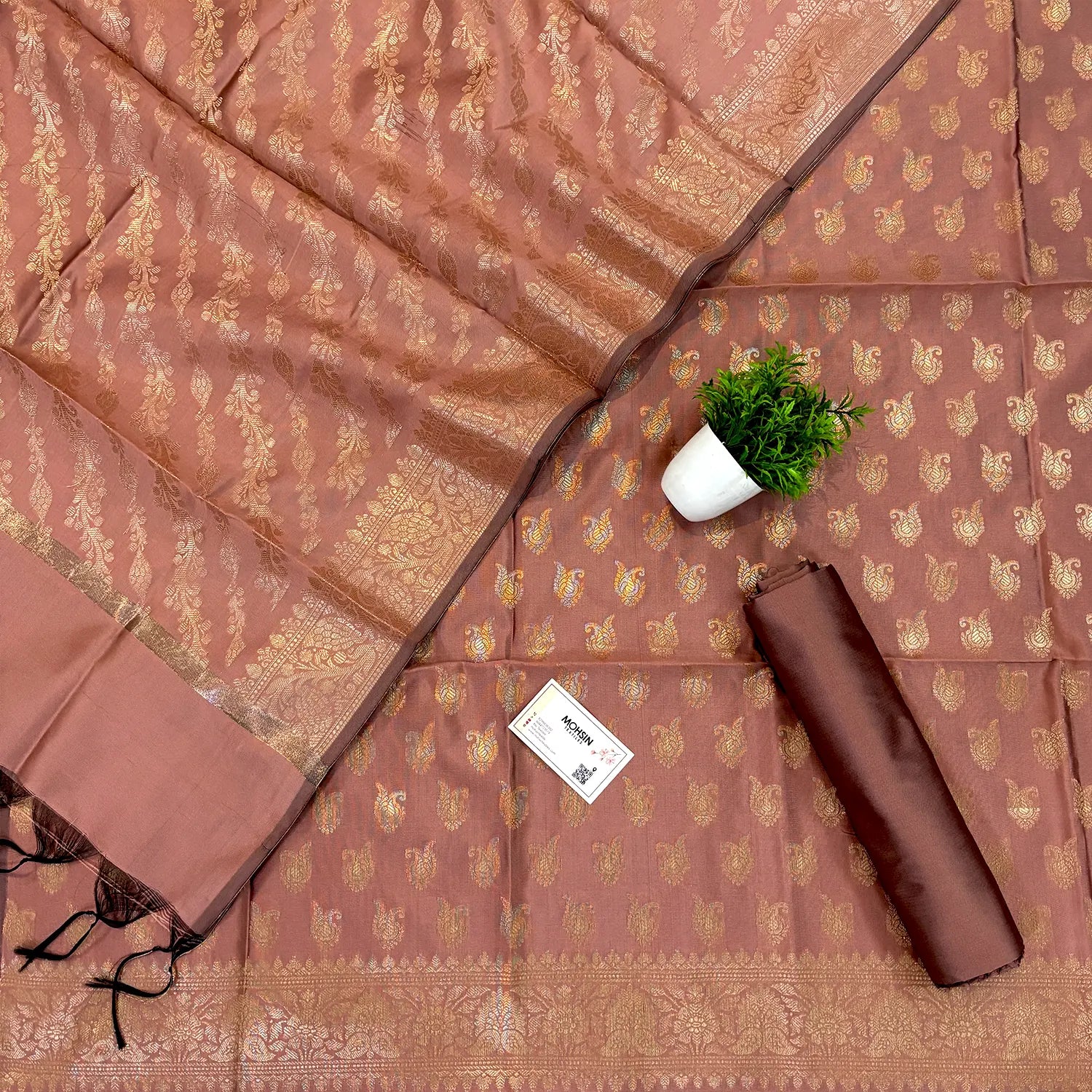 Onion Peach Chirag Buti Satin Silk Banarasi Suit