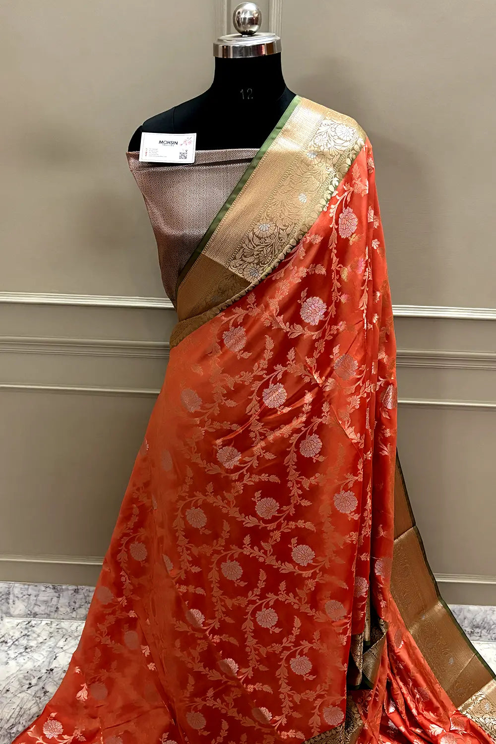 Orange and Bottle Green Zari Banarasi Silk Saree