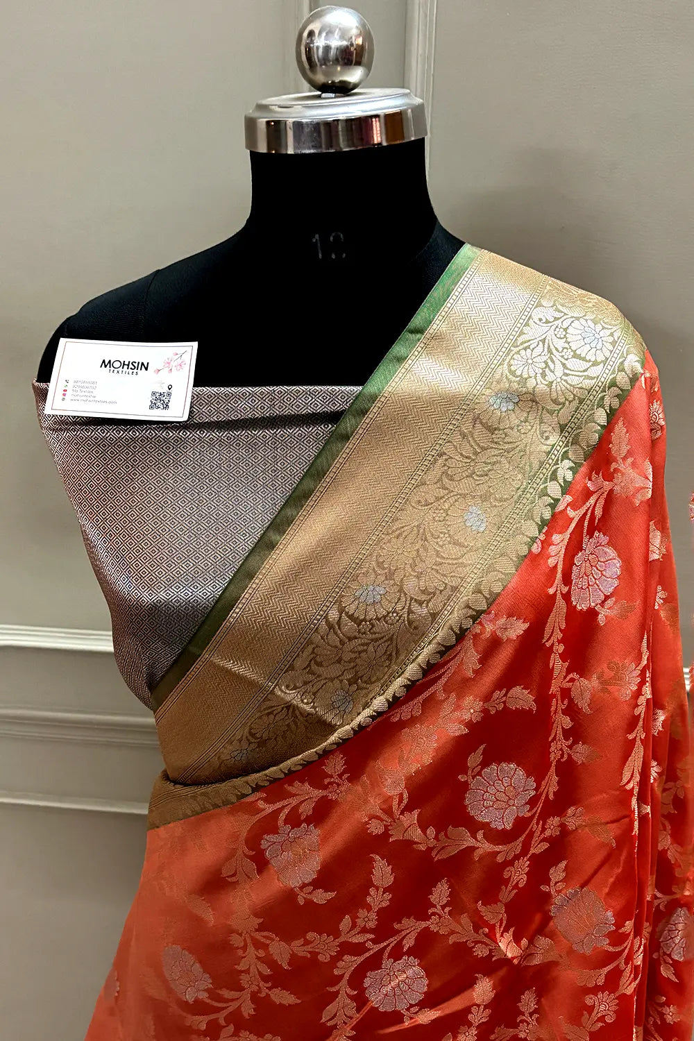 Orange and Bottle Green Zari Banarasi Silk Saree