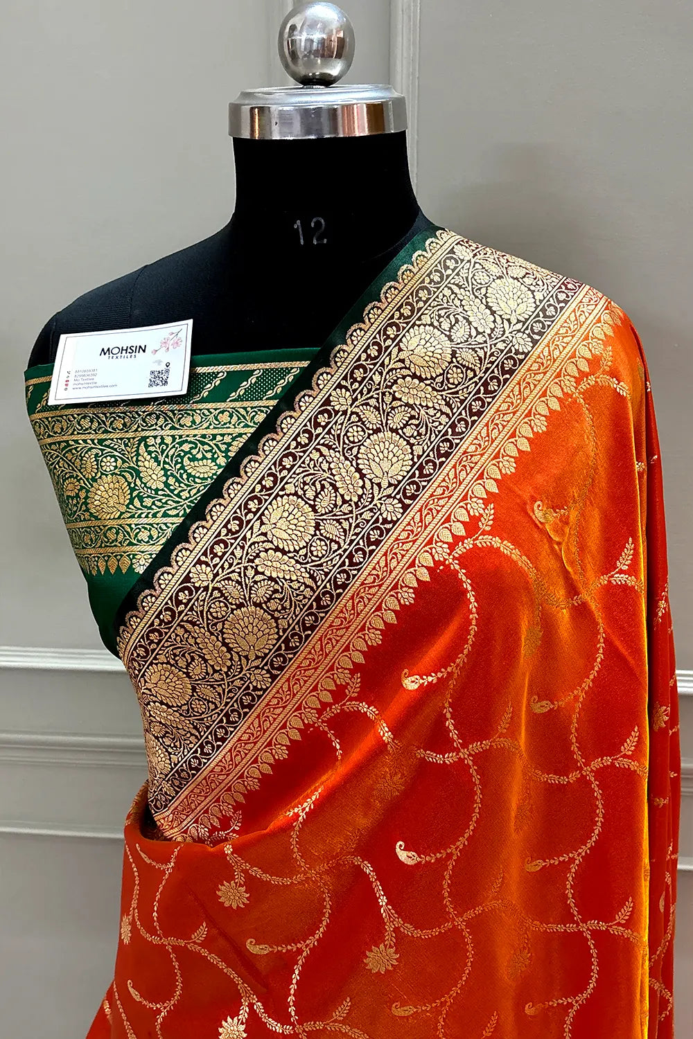 Orange and Bottle Green Zari Katan Silk Banarasi Saree