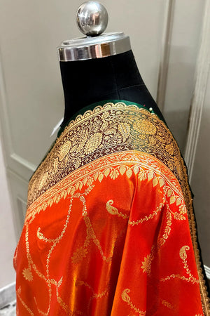 Orange and Bottle Green Zari Katan Silk Banarasi Saree