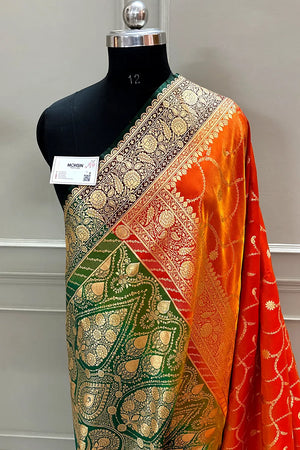 Orange and Bottle Green Zari Katan Silk Banarasi Saree