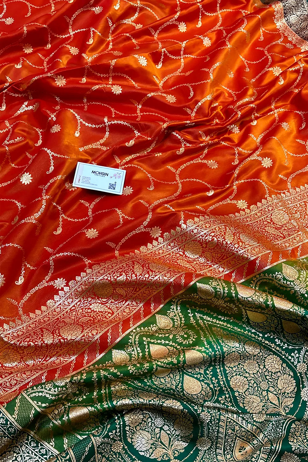 Orange and Bottle Green Zari Katan Silk Banarasi Saree
