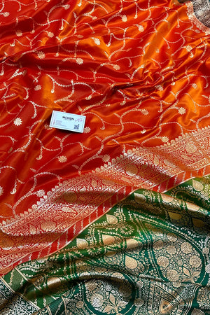 Orange and Bottle Green Zari Katan Silk Banarasi Saree