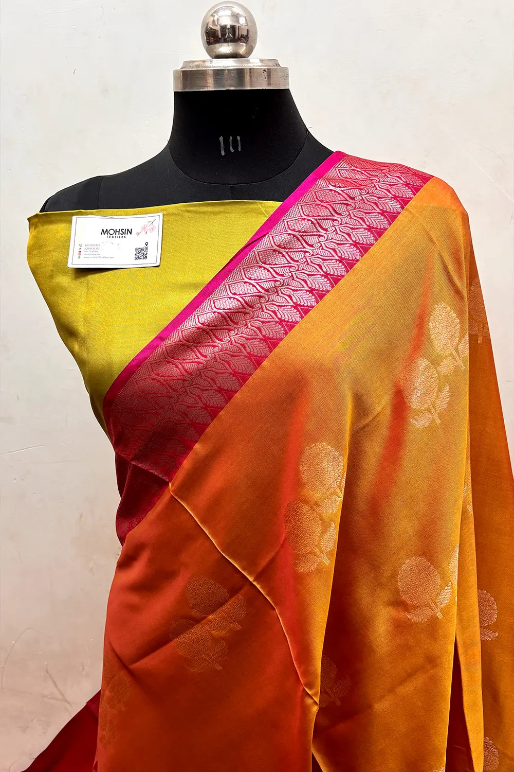 Orange and Mehendi Zari Semi Katan Silk Banarasi Saree