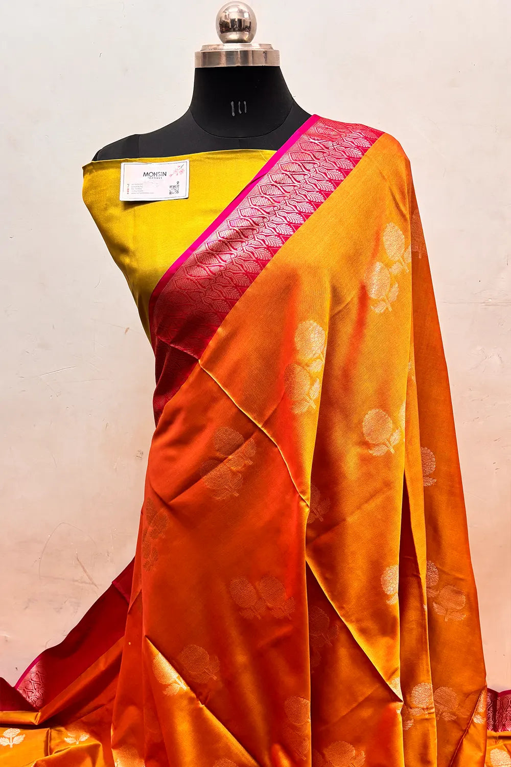 Orange and Mehendi Zari Semi Katan Silk Banarasi Saree