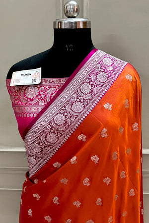 Orange and Pink Chaman Buti Katan Silk Banarasi Saree 
