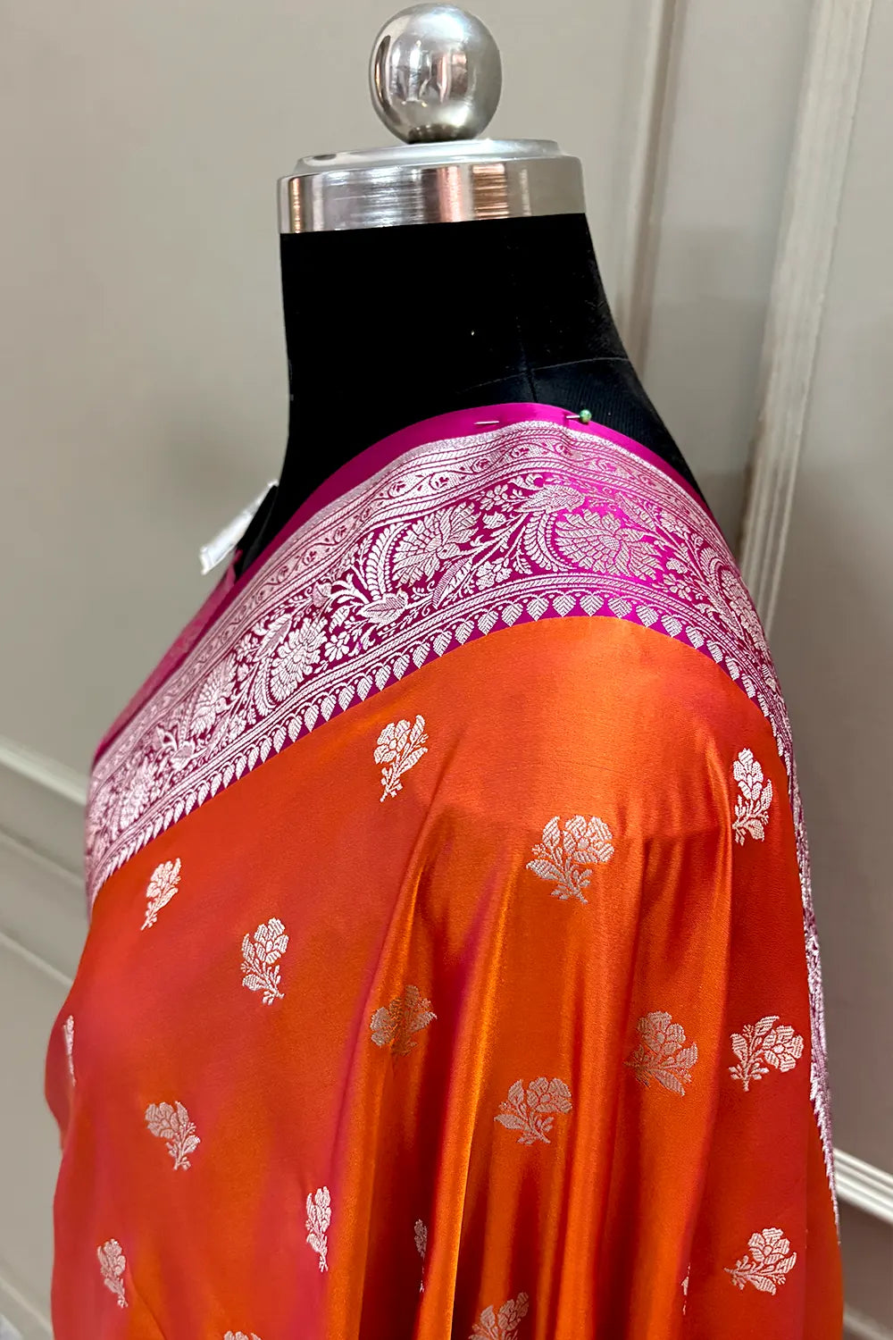 Orange and Pink Chaman Buti Katan Silk Banarasi Saree 