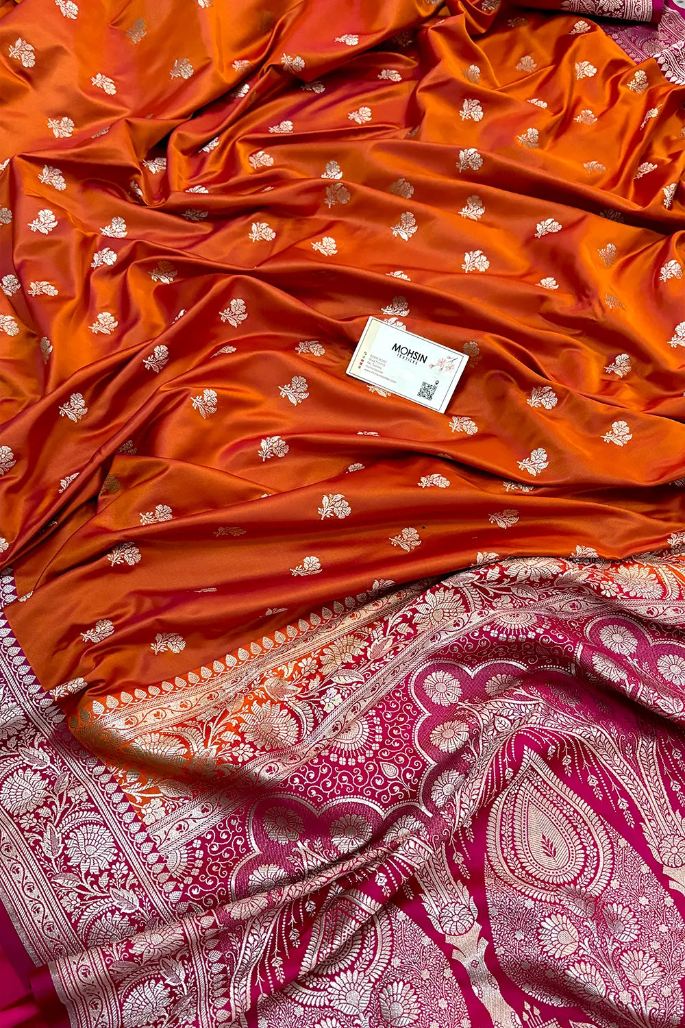 Orange and Pink Chaman Buti Katan Silk Banarasi Saree 