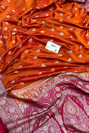 Orange and Pink Chaman Buti Katan Silk Banarasi Saree 