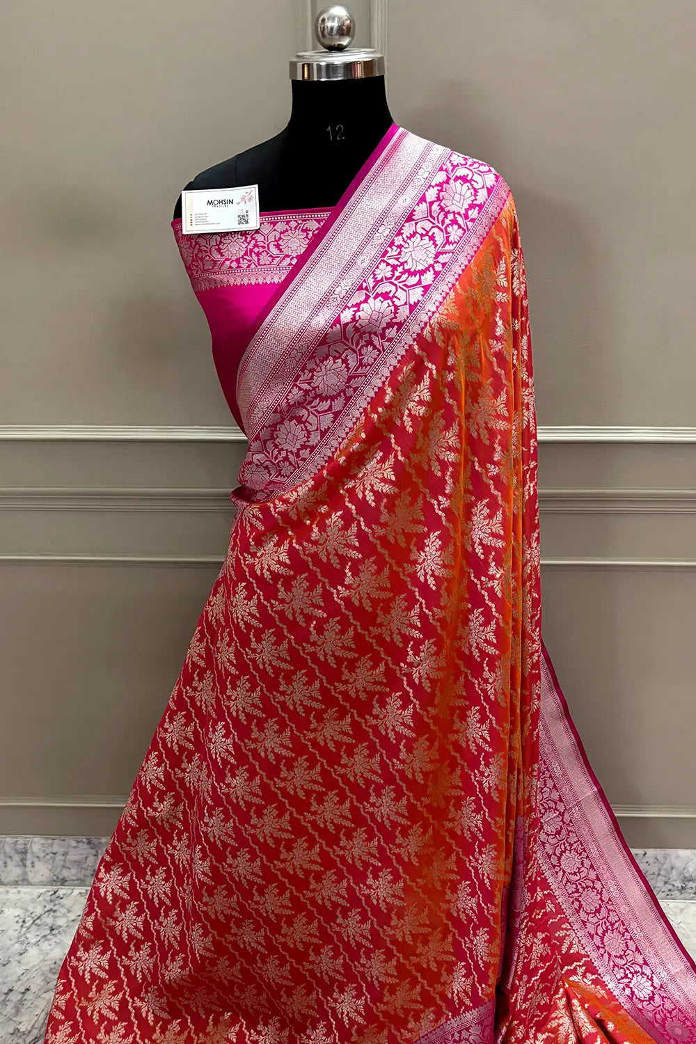 Orange and Pink Zari Katan Silk Banarasi Saree