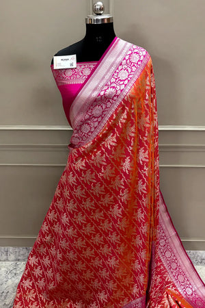 Orange and Pink Zari Katan Silk Banarasi Saree
