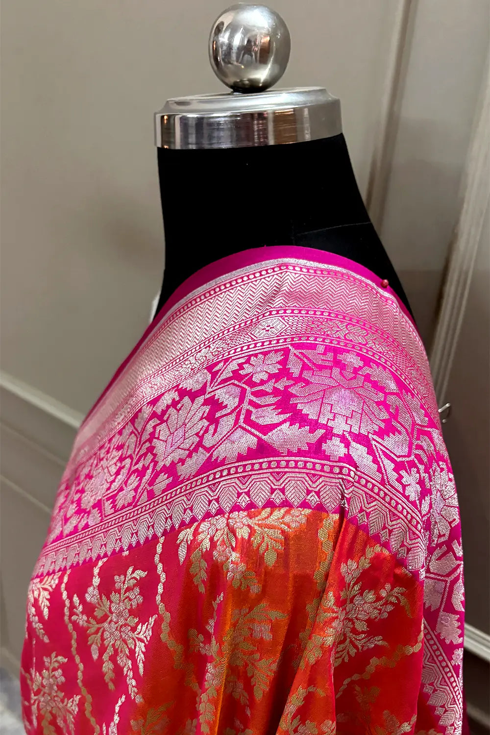 Orange and Pink Zari Katan Silk Banarasi Saree