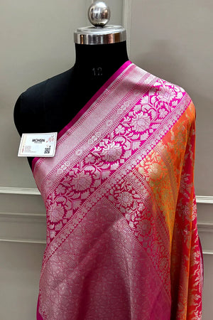 Orange and Pink Zari Katan Silk Banarasi Saree