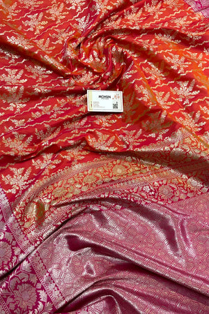 Orange and Pink Zari Katan Silk Banarasi Saree
