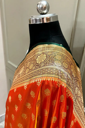 Orange and Red Zari Katan Silk Banarasi Saree