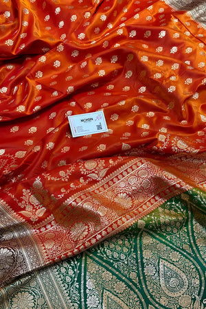 Orange and Red Zari Katan Silk Banarasi Saree