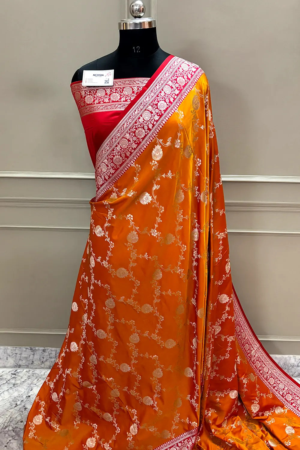 Orange and Red Zari Katan Silk Banarasi Saree
