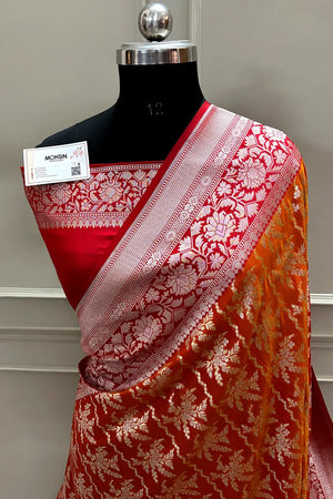 Orange and Red Zari Katan Silk Banarasi Saree