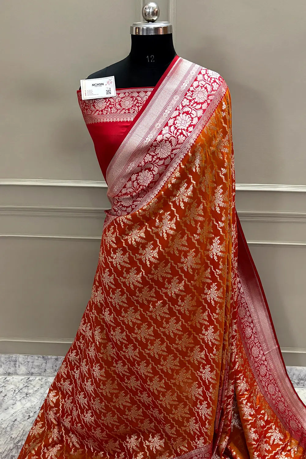 Orange and Red Zari Katan Silk Banarasi Saree