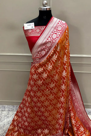 Orange and Red Zari Katan Silk Banarasi Saree