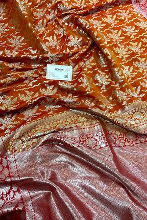 Orange and Red Zari Katan Silk Banarasi Saree