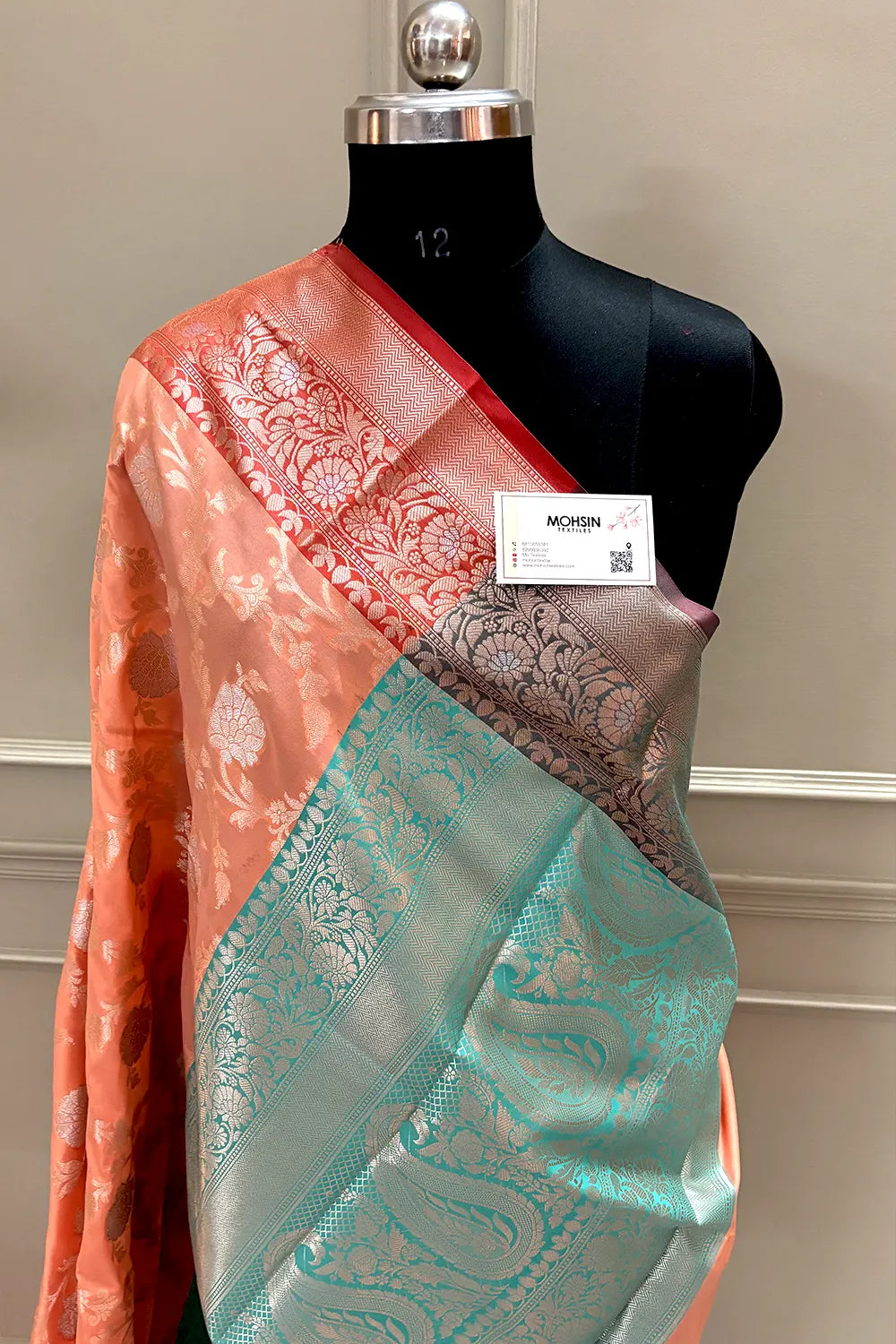 Orange and Sea Green Zari Banarasi Silk Saree