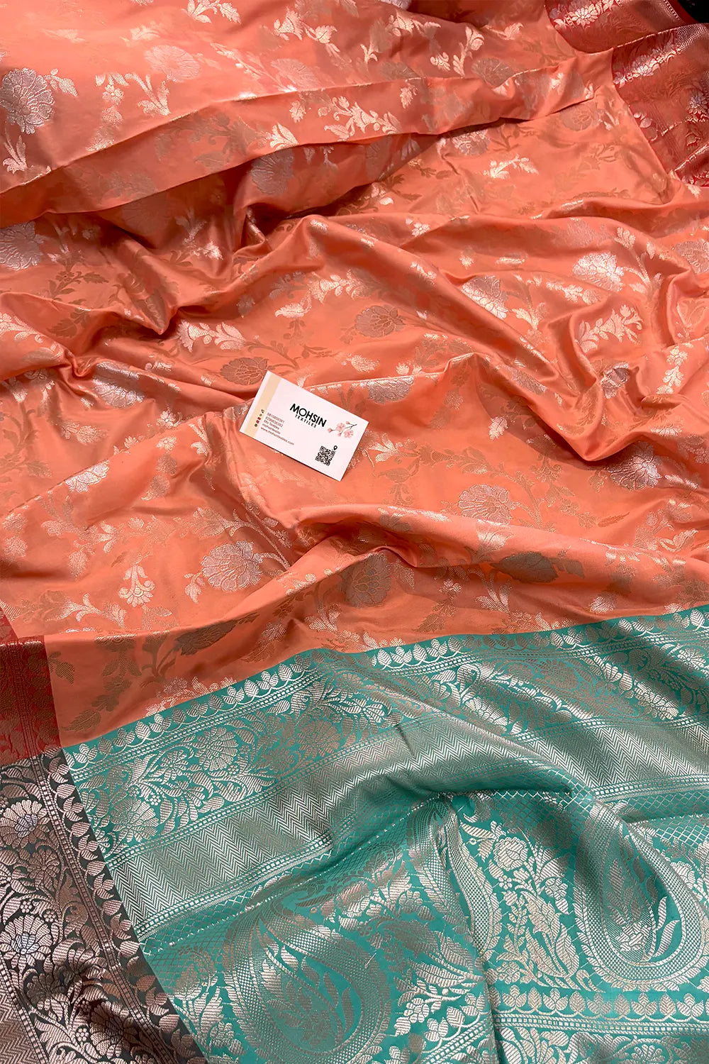 Orange and Sea Green Zari Banarasi Silk Saree