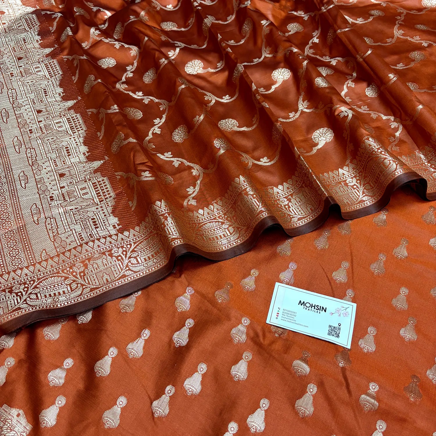 Orange Assi Ghat Aarti Semi Katan Silk Banarasi Suit