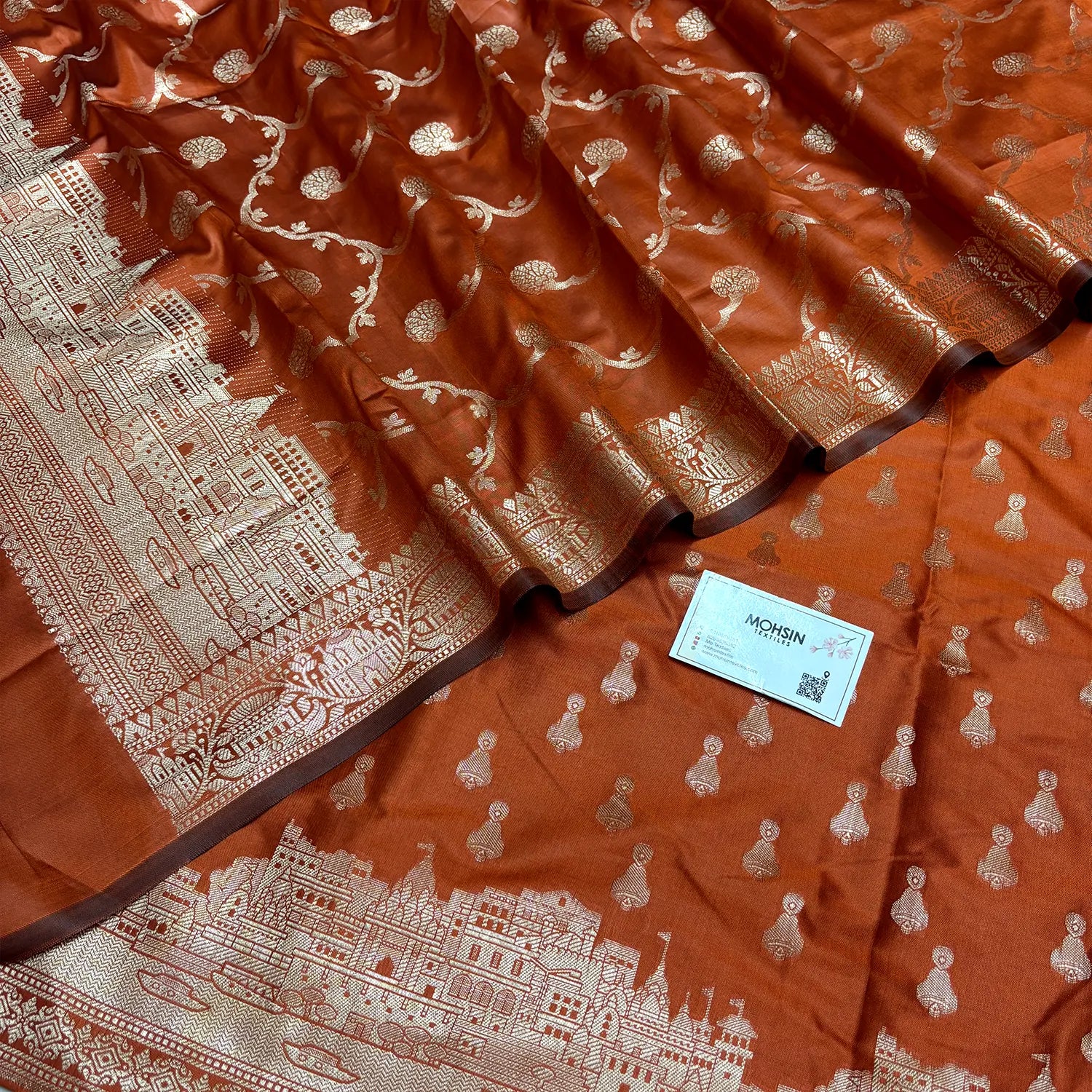 Orange Assi Ghat Aarti Semi Katan Silk Banarasi Suit