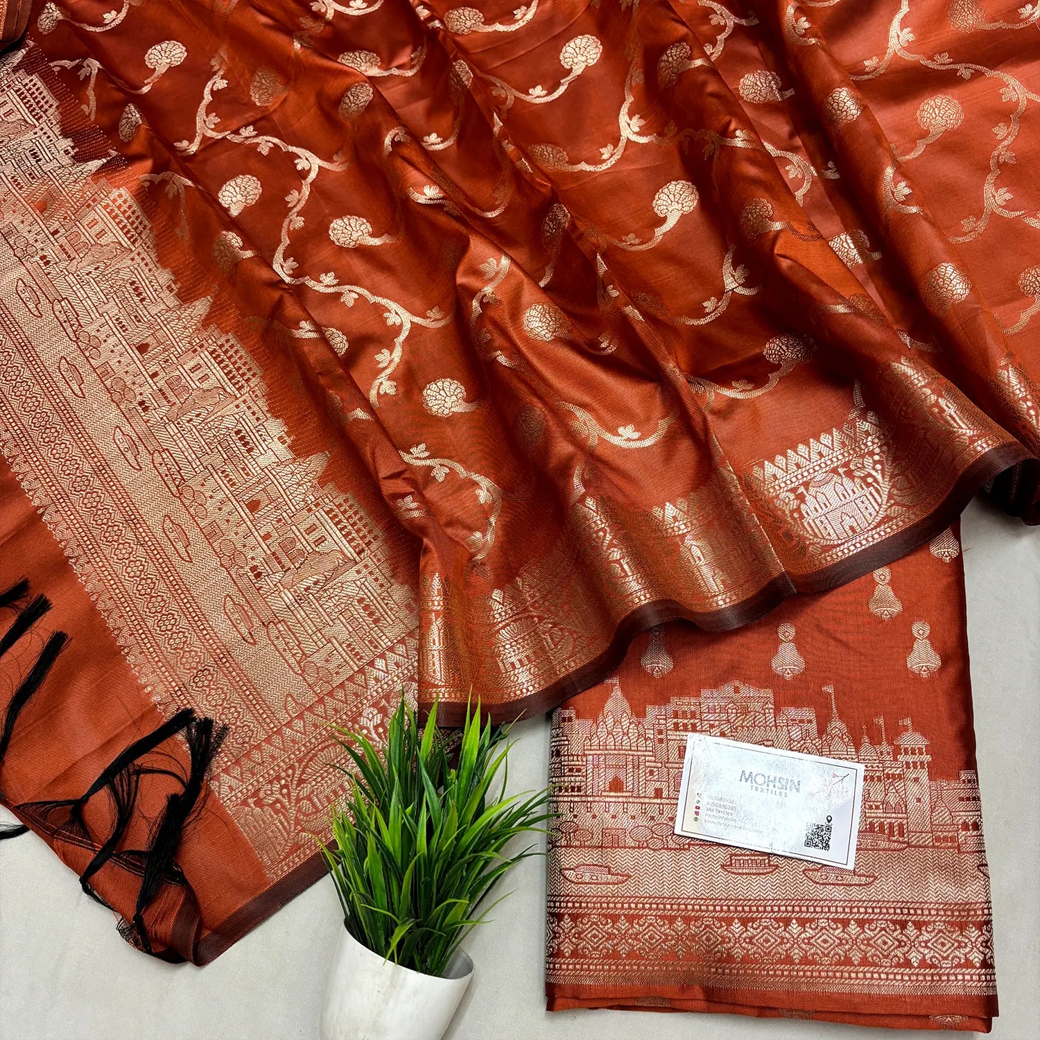 Orange Assi Ghat Aarti Semi Katan Silk Banarasi Suit
