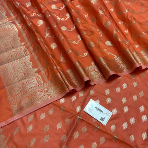 Orange Assi Ghat Mandir Semi Katan Silk Banarasi Suit