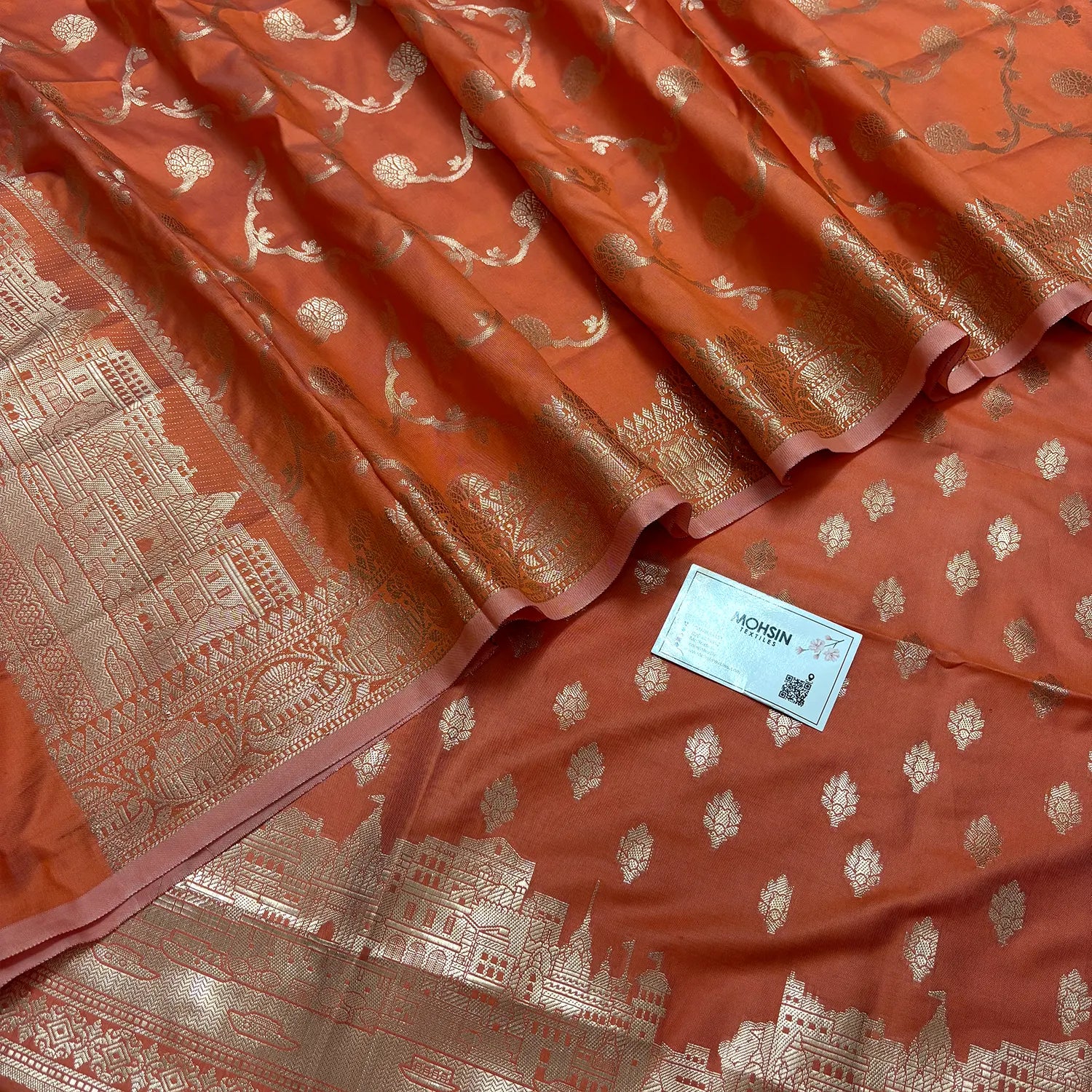 Orange Assi Ghat Mandir Semi Katan Silk Banarasi Suit