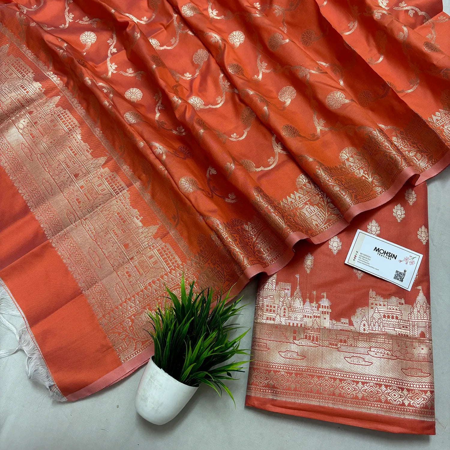Orange Assi Ghat Mandir Semi Katan Silk Banarasi Suit