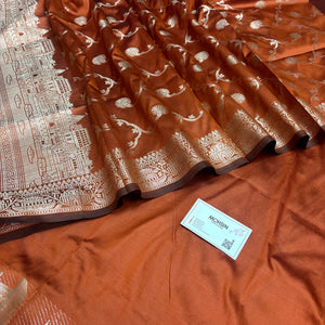 Orange Assi Ghat Plain Semi Katan Silk Banarasi Suit
