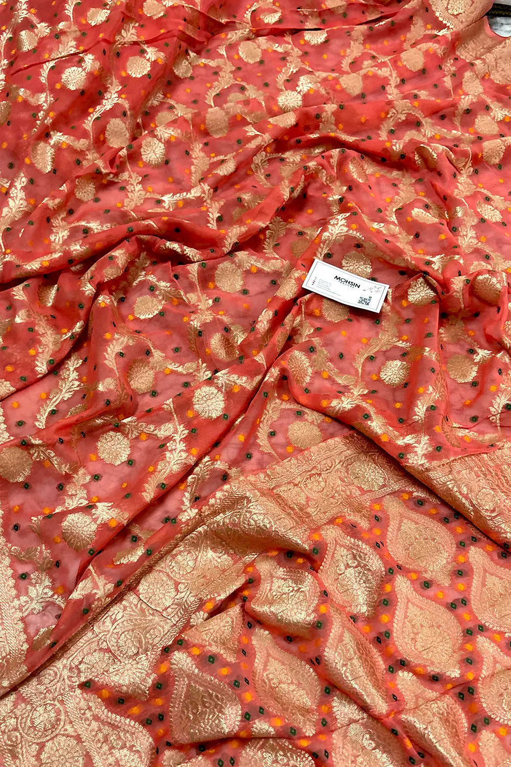 Orange Bandhej Georgette Silk Banarasi Saree