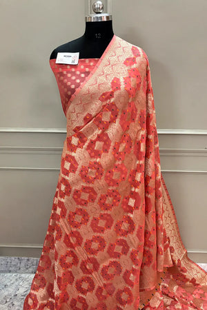 Orange Bandhej Georgette Silk Banarasi Saree