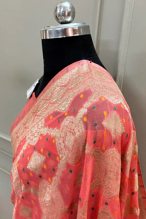 Orange Bandhej Georgette Silk Banarasi Saree