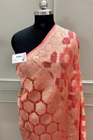 Orange Bandhej Georgette Silk Banarasi Saree