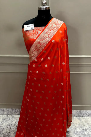 Orange Chaman Buti Katan Mashru Silk Banarasi Saree