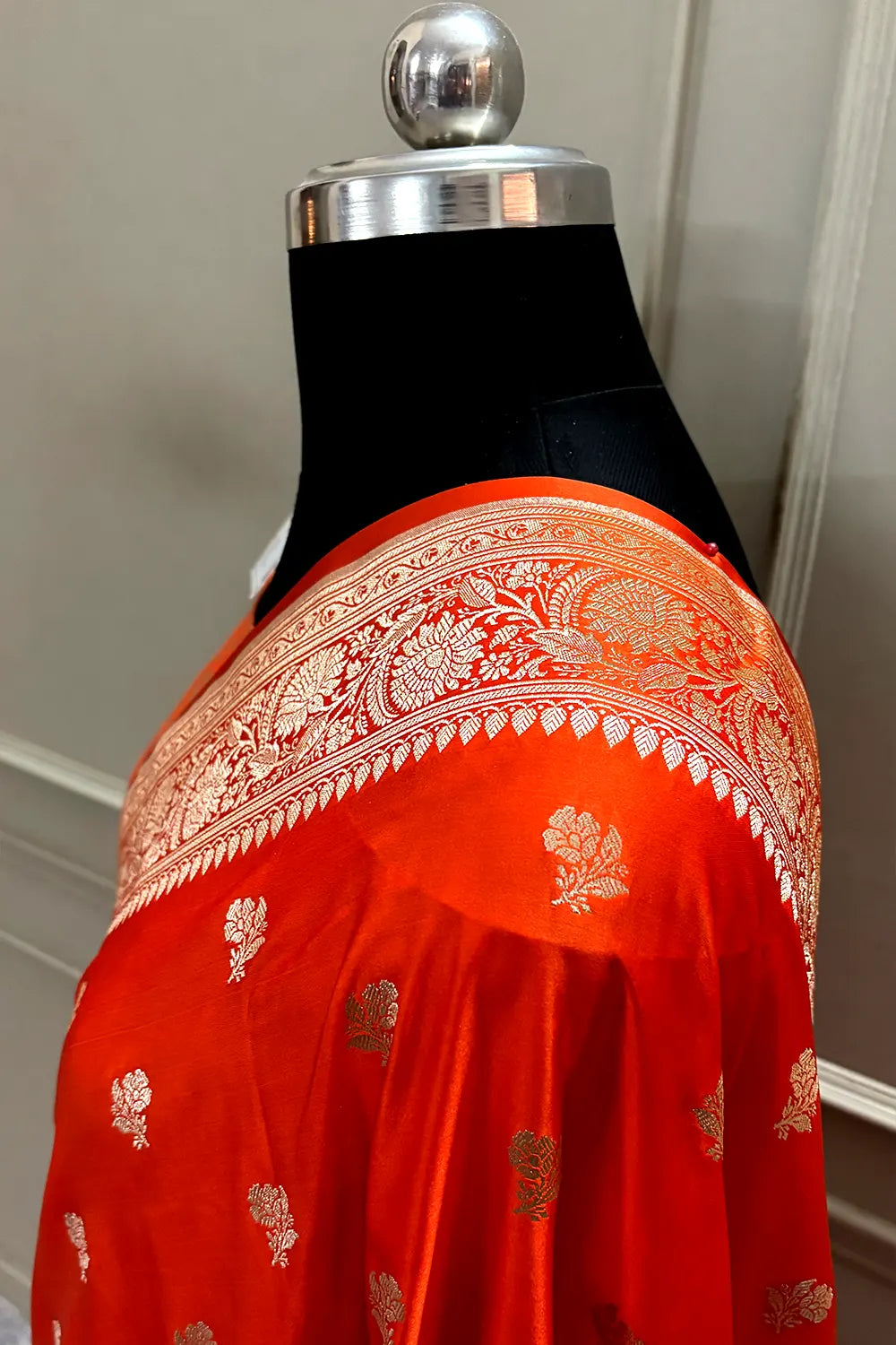 Orange Chaman Buti Katan Mashru Silk Banarasi Saree