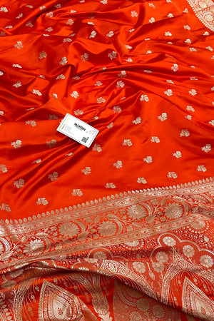 Orange Chaman Buti Katan Mashru Silk Banarasi Saree