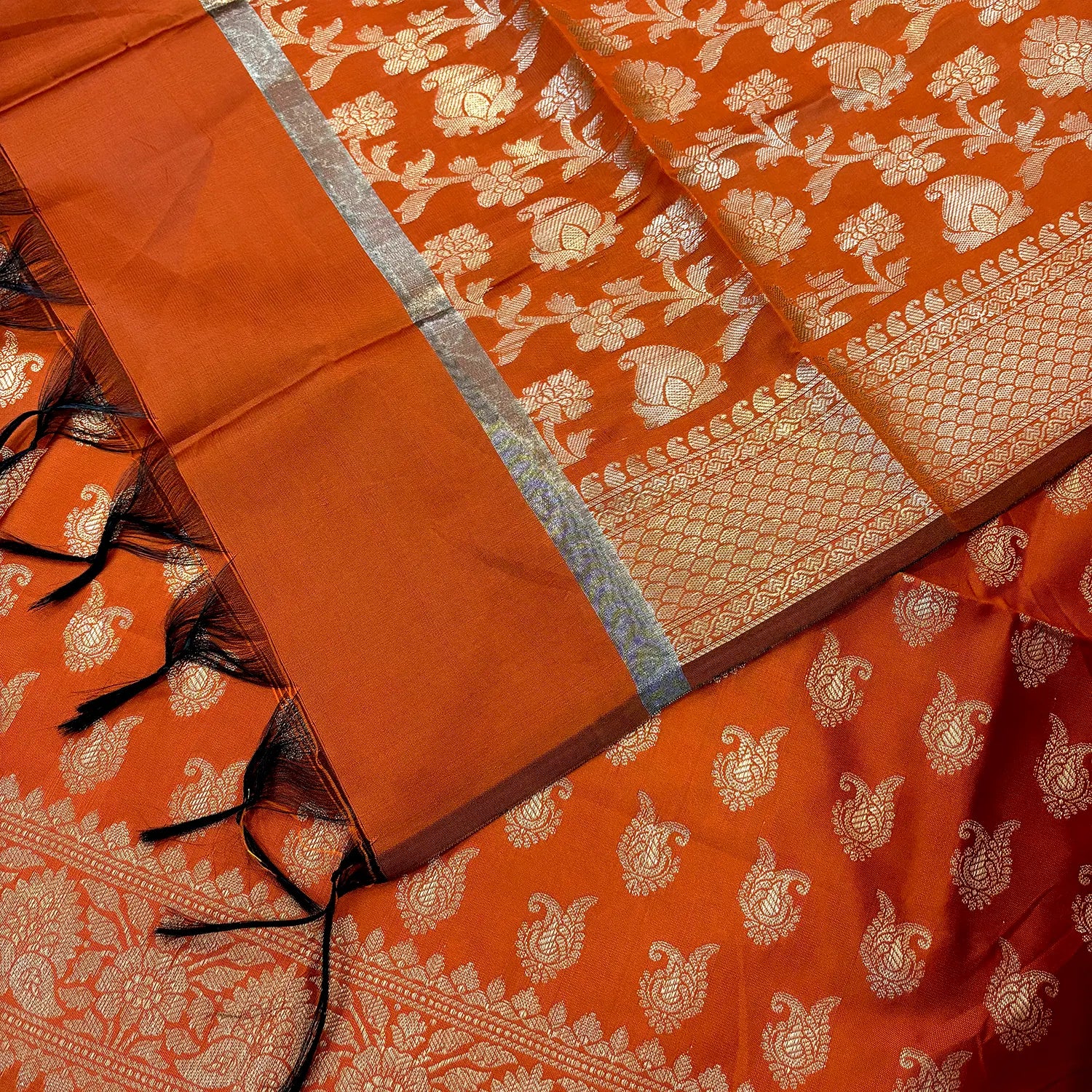 Orange Chirag Buti Satin Silk Banarasi Suit