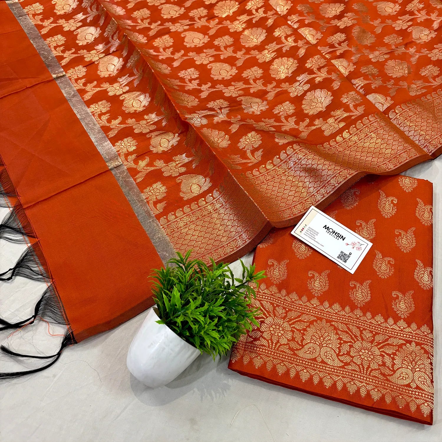 Orange Chirag Buti Satin Silk Banarasi Suit