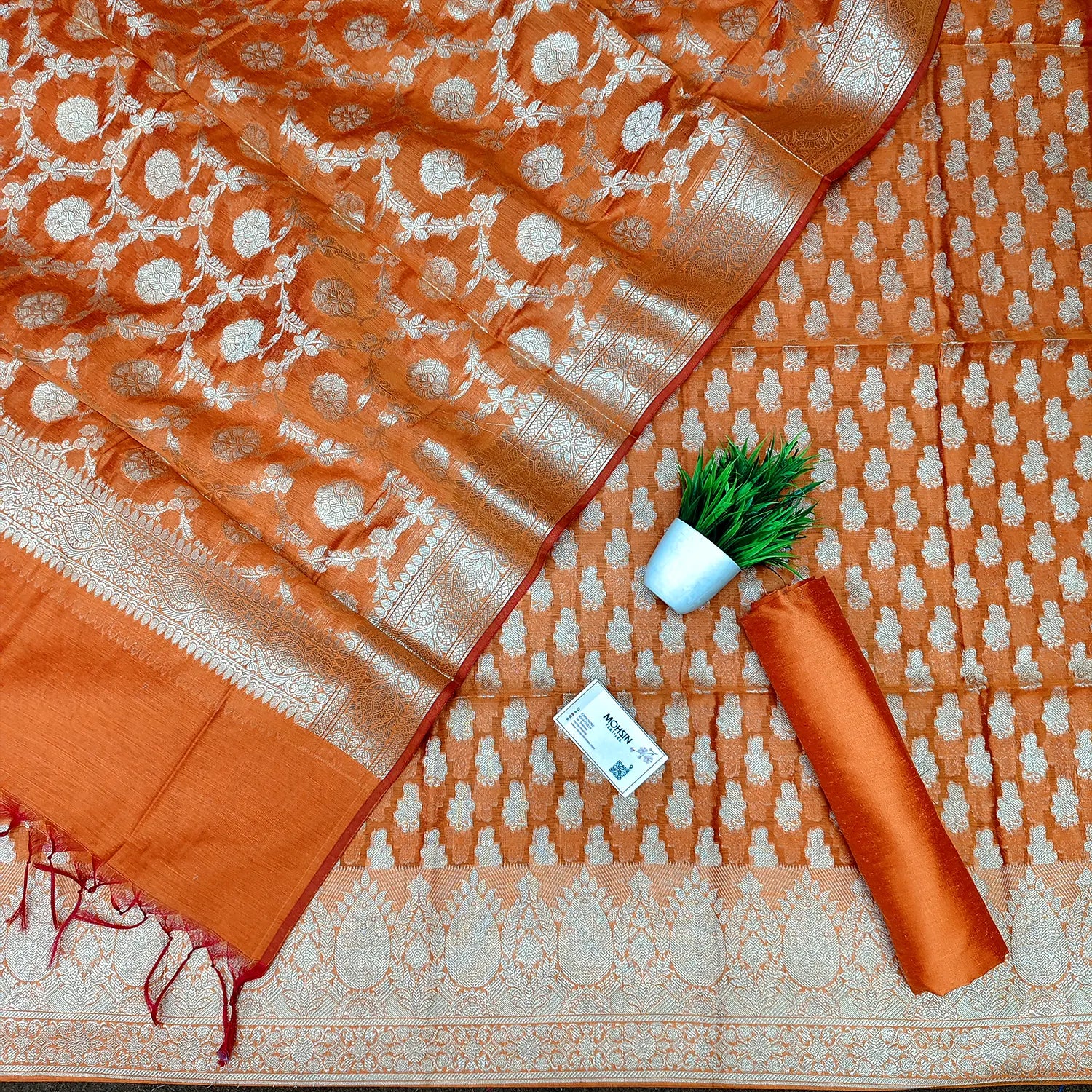 Orange Dracula Paisley Banarasi Silk Suit